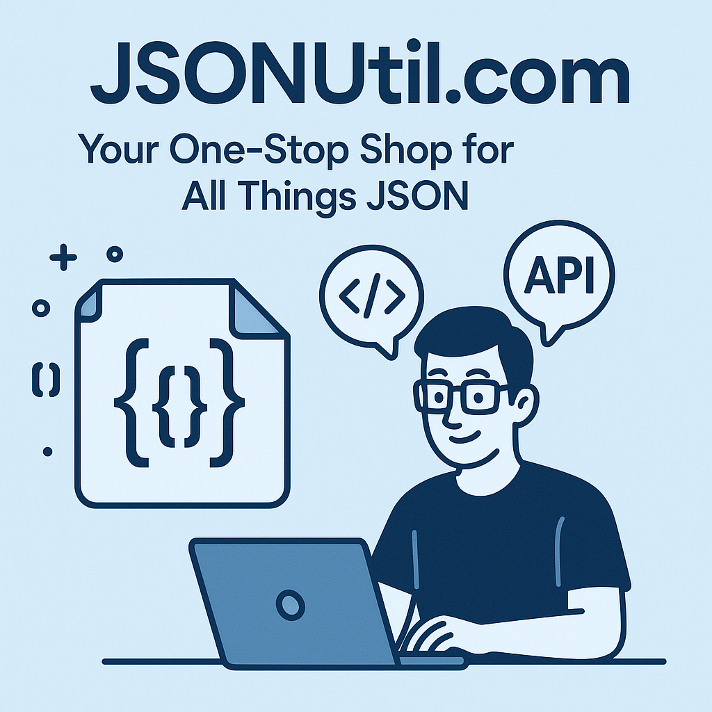 JSONUtil.com logo and hero image showcasing comprehensive JSON tools for developers including validator, formatter, converter, and more utilities